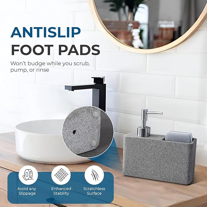 Havara Dish Soap Dispenser with Sponge Holder, Granite Resin Kitchen Soap Pump, One-Handed Non-Slip Countertop Dispenser for Kitchen Sink