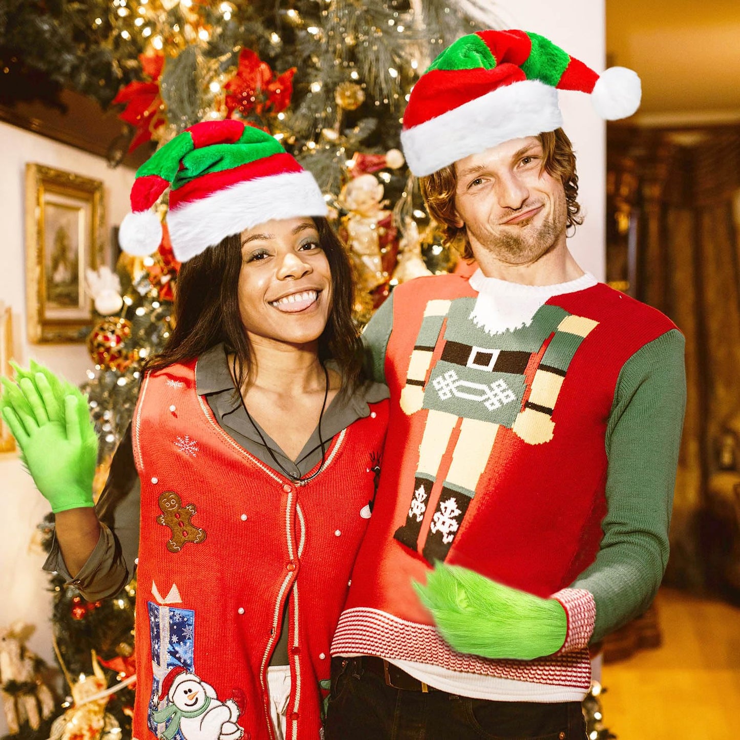 TIZHJOZI Christmas Hat, Santa Hat and Furry Gloves, Soft Plush Santa Costume for Adult, Christmas Party Headwear Accessories