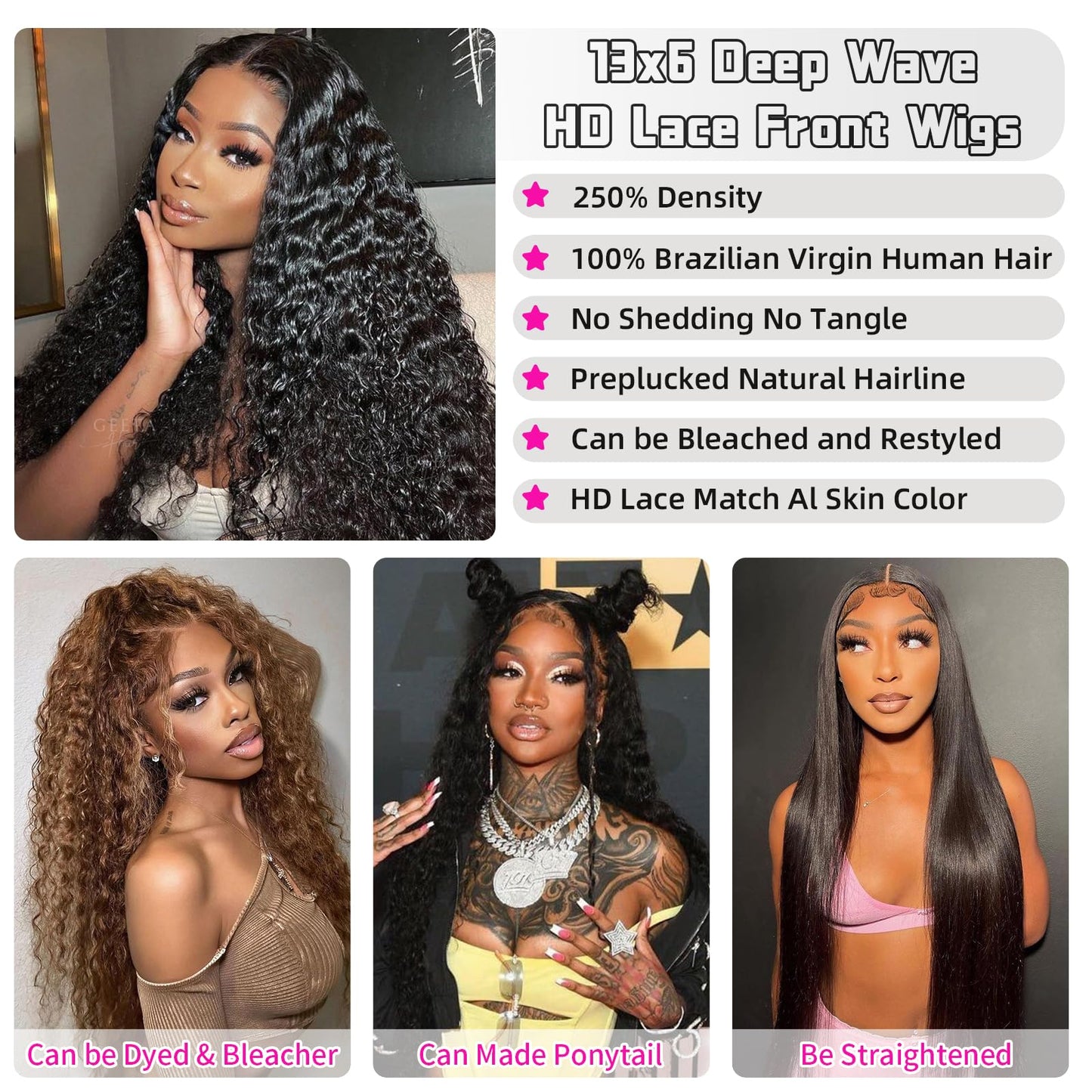 38 Inch Deep Wave Lace Front Wigs Human Hair 250 Density 13x6 HD Lace Frontal Wigs Human Hair Pre Plucked Deep Curly Glueless Wi