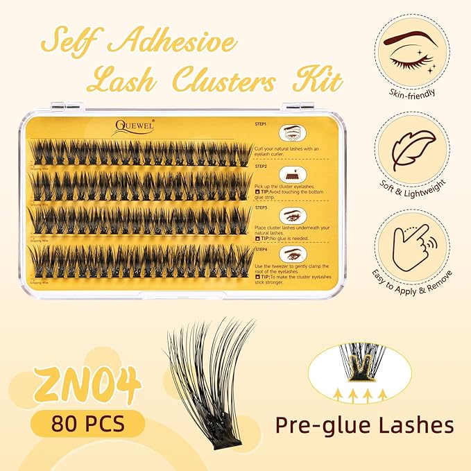 QUEWEL Self Adhesive Eyelashes Natural Look, No Glue Needed Lash Clusters with Eyelash Clusters Tweezer, 80 Pcs Reusable Lashes Self Adhesive for Beginners, DIY Lash Extensions for Home Use(ZN-04)