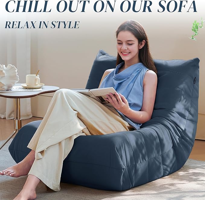 Bean Bag Chair, Fireside Chair Bean Bag Sofa for Adults, Bean Bag Chairs for Teens with High-Resilience Foam, Memory Foam & Non-Slip Base Bean Bag for Living Room, Bedroom, Office (Suede, Dark Blue)