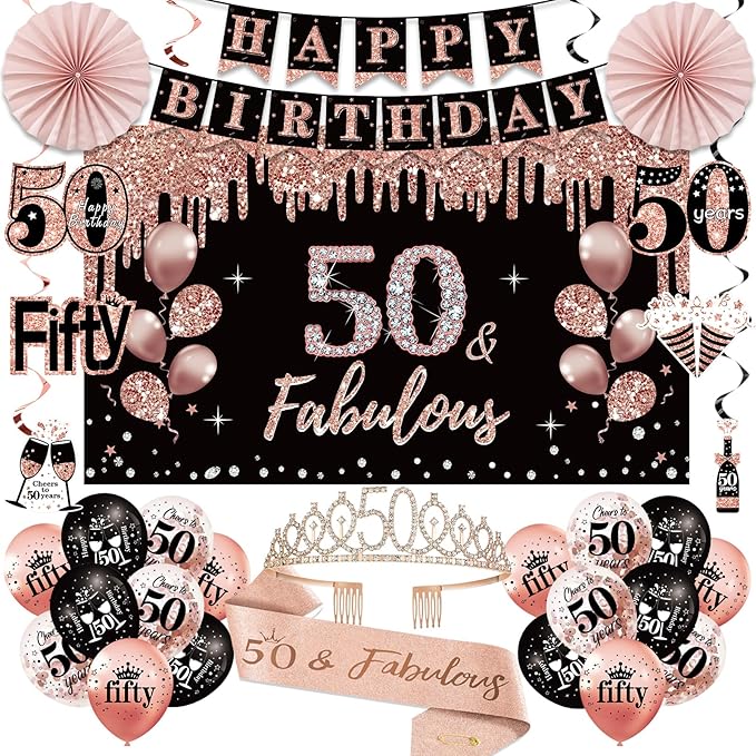 50th Birthday Decorations for Women, 33pcs 50th Birthday Crown and Sash, Black Rose Gold Happy 50th Birthday Banner Balloo...