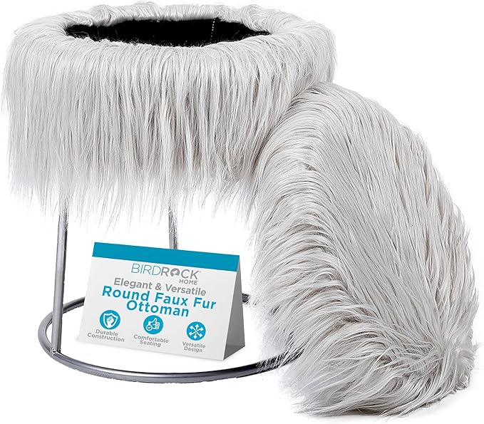 BIRDROCK HOME Round Faux Fur Foot Stool - Small Padded Ottoman with Soft Cushion for Living Room, Bedroom, or MakeUp Room - Modern Upholstered Accent Chair, Vanity Seat, Footrest for Couch/Sofa - Grey