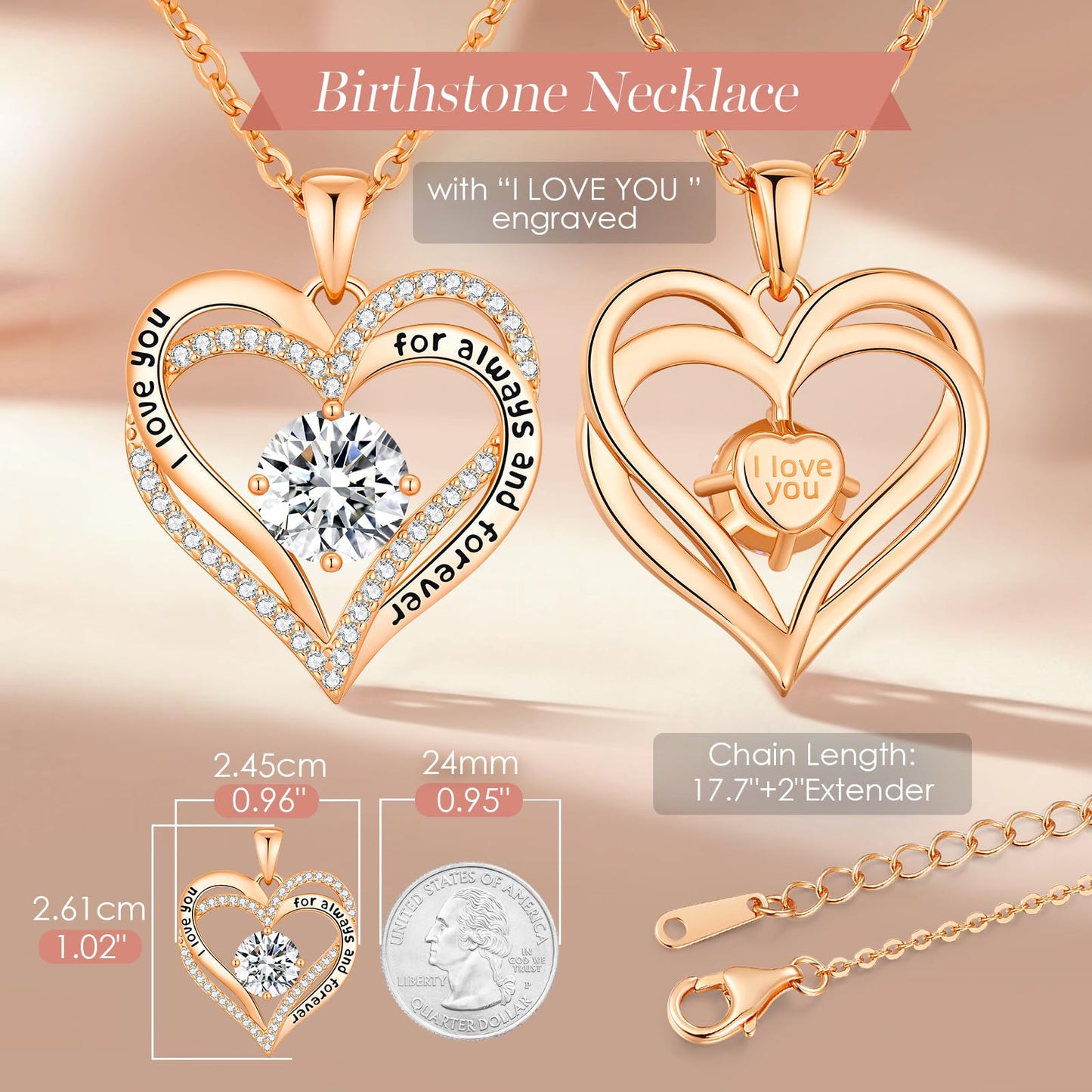 CDE Forever Love Heart Necklaces for Women, Mom, Girlfriend, Wedding Anniversary Birthday Mother Day Gift for Wife Girlfriend Jewelry with Birthstone Pendant