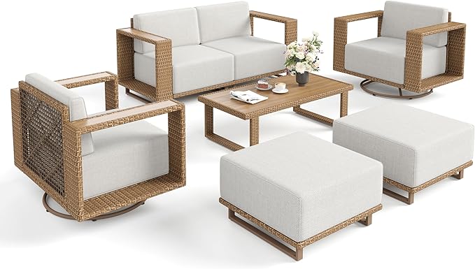 7 Pieces Modular Patio Furniture Set,Outdoor Wicker Conversation Set with Swivel Chairs and Ottomans,All Weather Patio Conversation Set for Lawn Garden Backyard,Beige