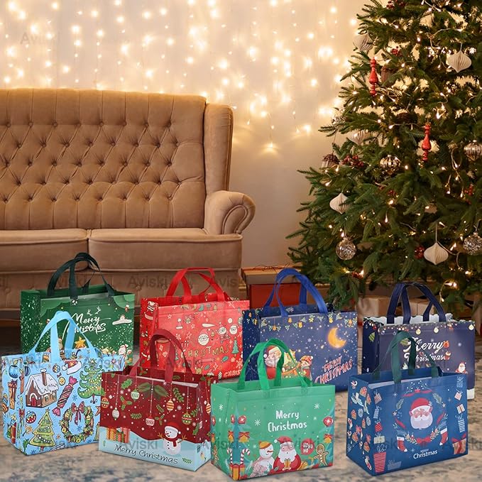 16PCS Christmas Gift Bags, Non-Woven Treat Tote Christmas Bags with Handles for Gifts Wrapping Shopping, Xmas Party Supplies, 12.8"×9.8"×6.7"