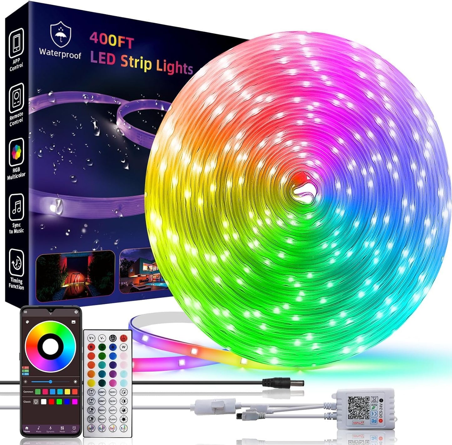 400ft Outdoor Led Strip Lights Waterproof, Trimmable Led Strip Lights Music Sync, RGB IP65 Waterproof Outside Led Lights Strip With Remote & App, Exterior Led Rope Light Waterproof For Pool Roof Yard