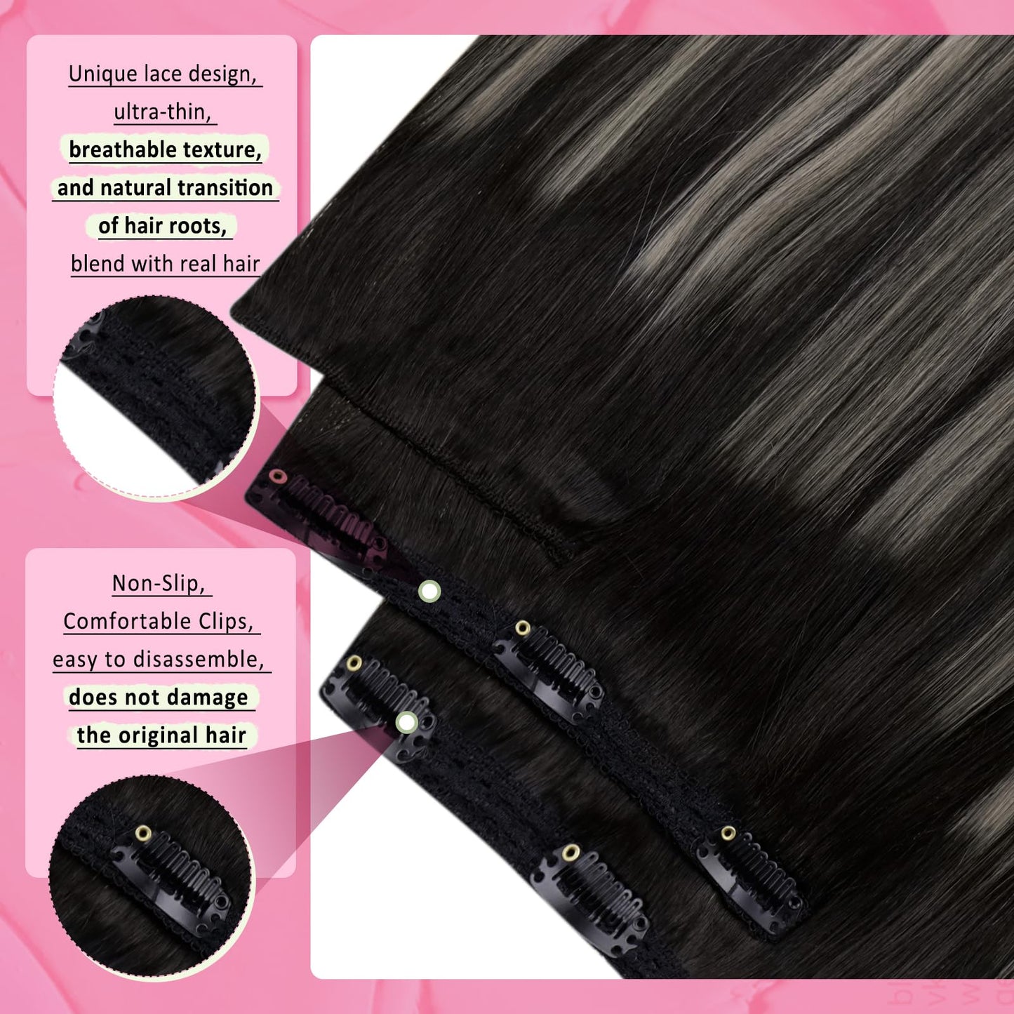 YoungSee Clip in Hair Extensions Real Human Hair Ombre Real Hair Extensions Clip in Human Hair Blend of Black and Silver with Bl