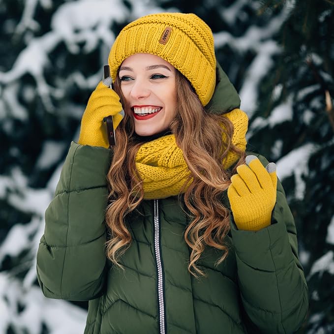 Aneco Winter Warm Sets Knitted Scarf Beanie Hat Touch Screen Gloves and Winter Ear Warmer for Men or Women