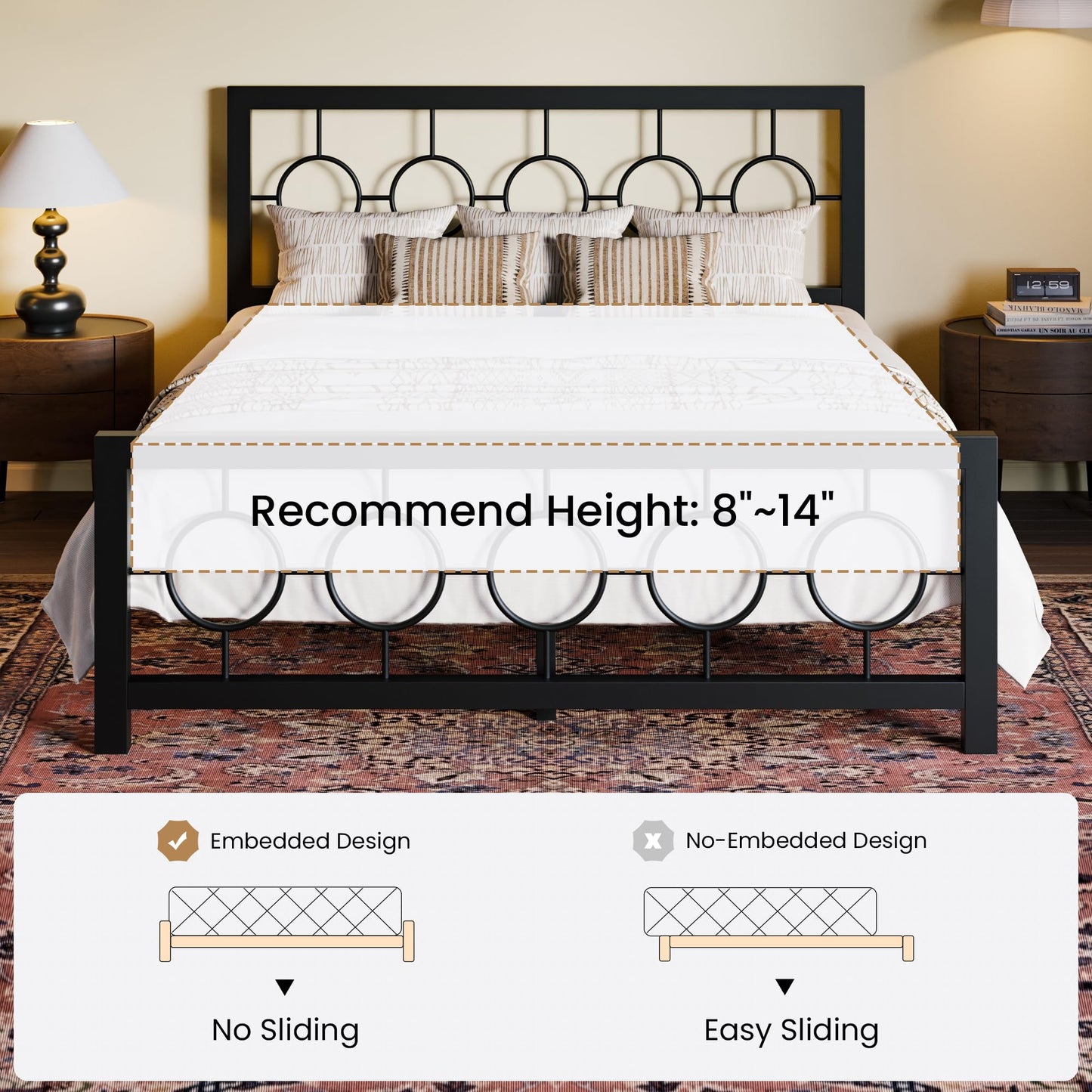 SHA CERLIN Queen Size Metal Bed Frame with Vintage Circular Design Headboard and Footboard,No Box Spring Required,Easy Assembly,Noise-Free,Black