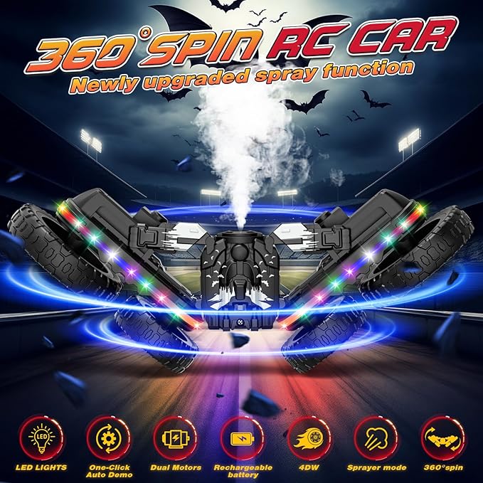 RC Cars Toys, 2-in-1 Remote Control Car Transform 4WD with Spray & LED Lights, 2.4GHz Off-Road Stunt Truck for 360° Flips Gift for Boys Age 8-12 (Black)