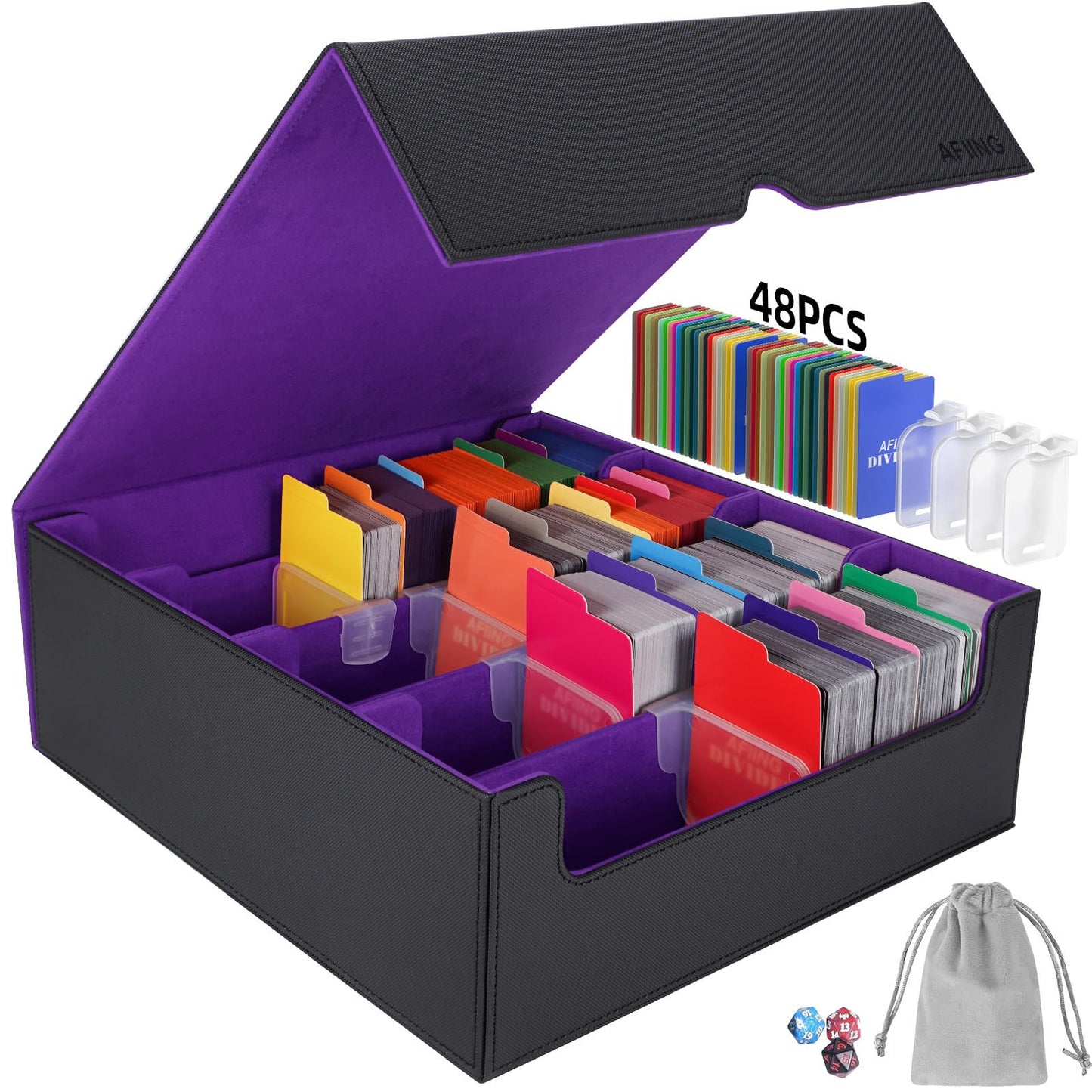 AFIING 4-Row [3200+] Trading Card Storage Box,card Organizer Holder With 4 suppoters & 48 Dividers, Case Fit for Mtg Tcg Magic Commander Deck Playing Cards, Deck Box for Baseball Sport cards Purple
