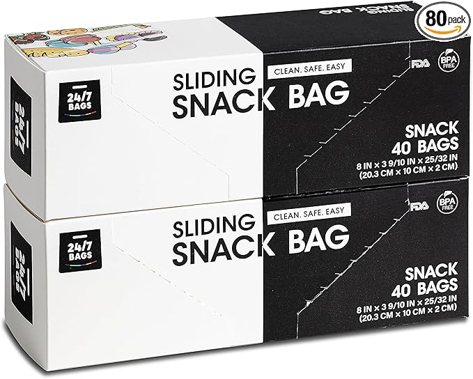 Snack Slider Storage Bags- 80 Count, Featuring Expandable Bottom, Zero BPA, Microwave-Safe(2 boxes of 40)
