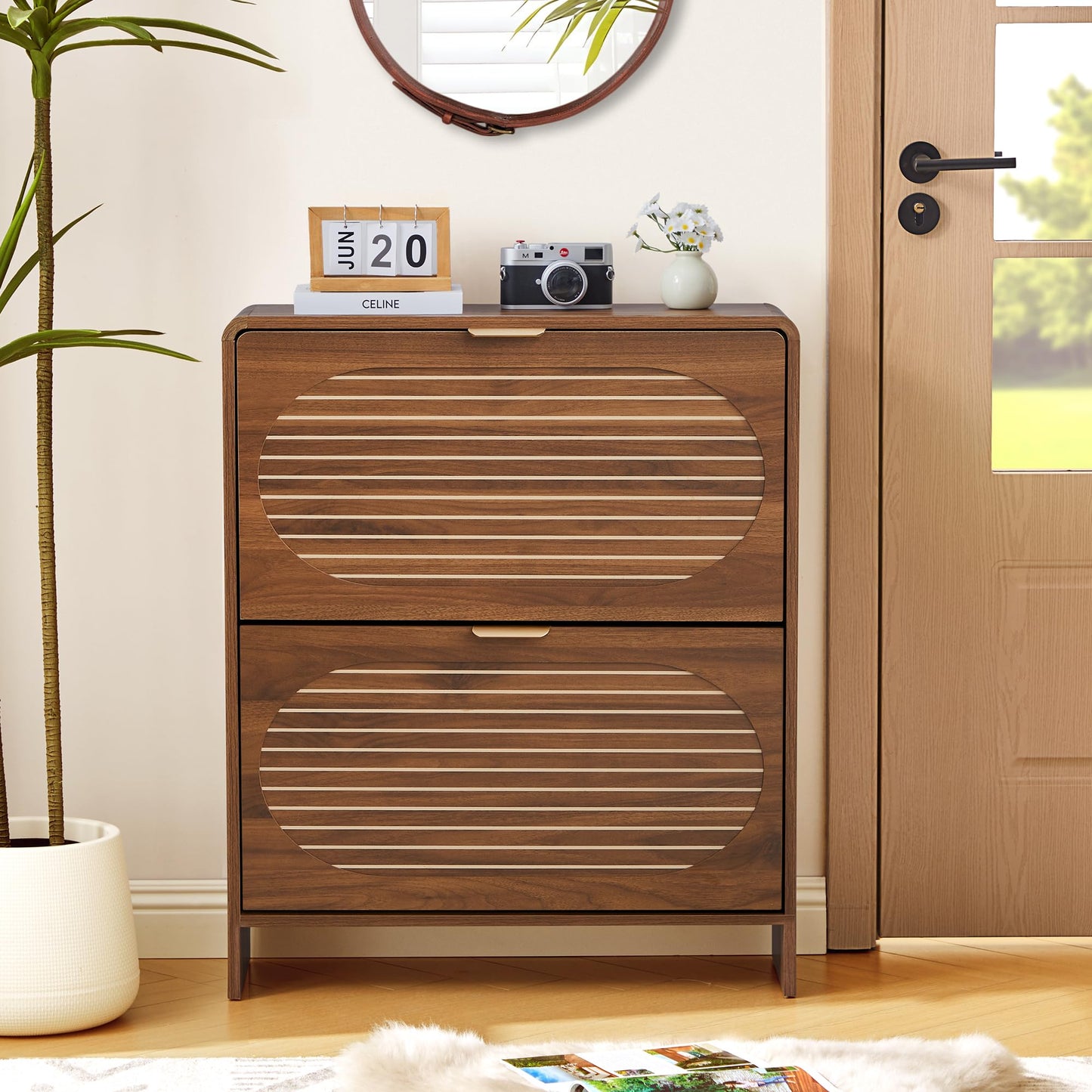 RUSTYER Narrow Shoe Storage Cabinet for Entryway with 2 Flip Drawers, Freestanding Wood Shoe Cabinet with Arched Stripe Panel, Curved Edge Shoe Organizer Closed Shoe Rack for Hallway, Foyer (Walnut)