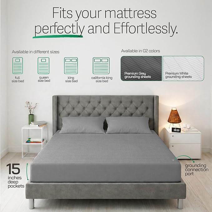 Earthbound Grounding Sheets Full Size - Improve Sleep and Relax with Our 90% Organic Cotton, 10% Pure Silver Grounded Sheet | Fitted Well Deep Pocket Grounding Well Bed Sheet, Earthing Sheets - Gray