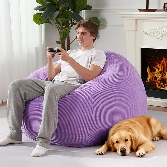Homguava 4FT Bean Bag Chair for Adults,Teardrop Bean Bags Big Beanbag Chair with Memory Foam Filled and Ultra Soft Removable Corduroy Cover for Living Room, Bedroom (Purple)