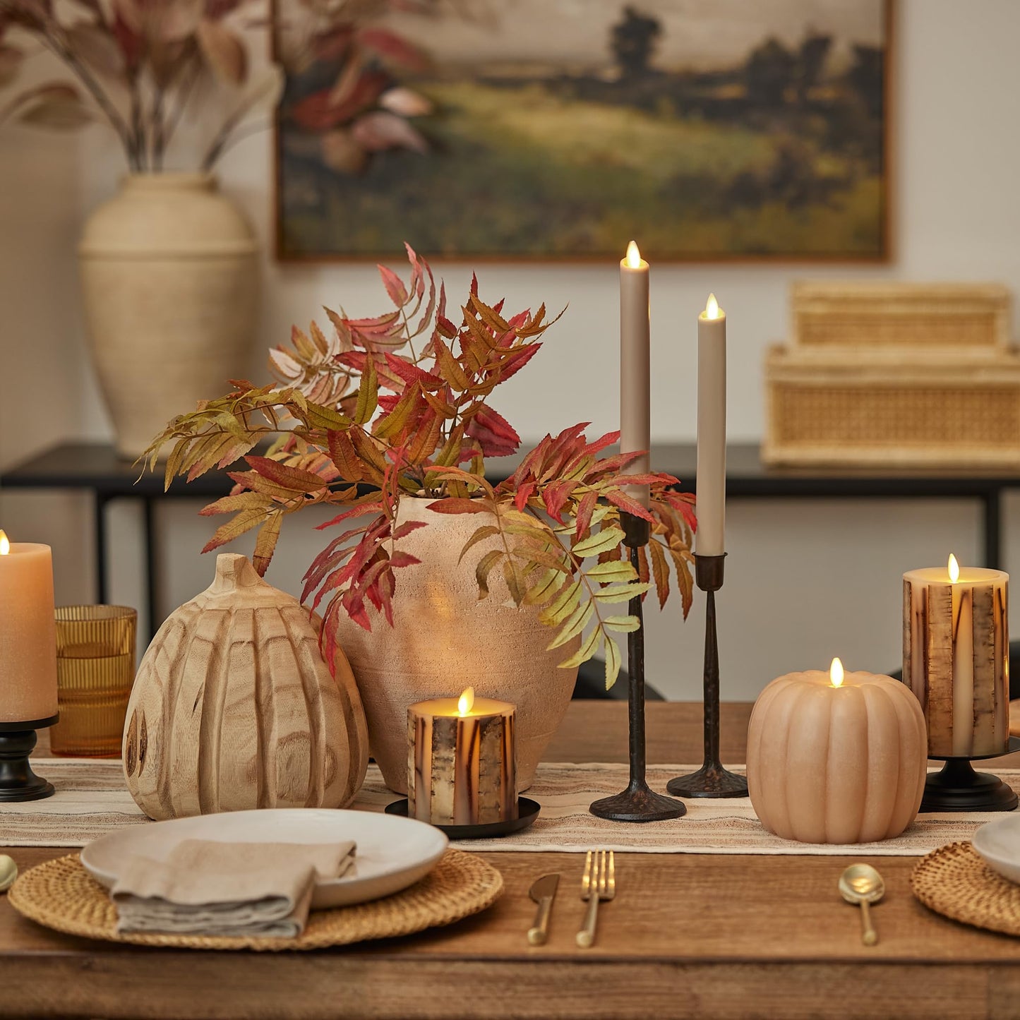 Luminara Embedded Birch Twigs Flameless LED Candle, 3.5" x 6.5", Moving Flame Real Wax Unscented, Battery Operated, Decorative Home Lighting Safe