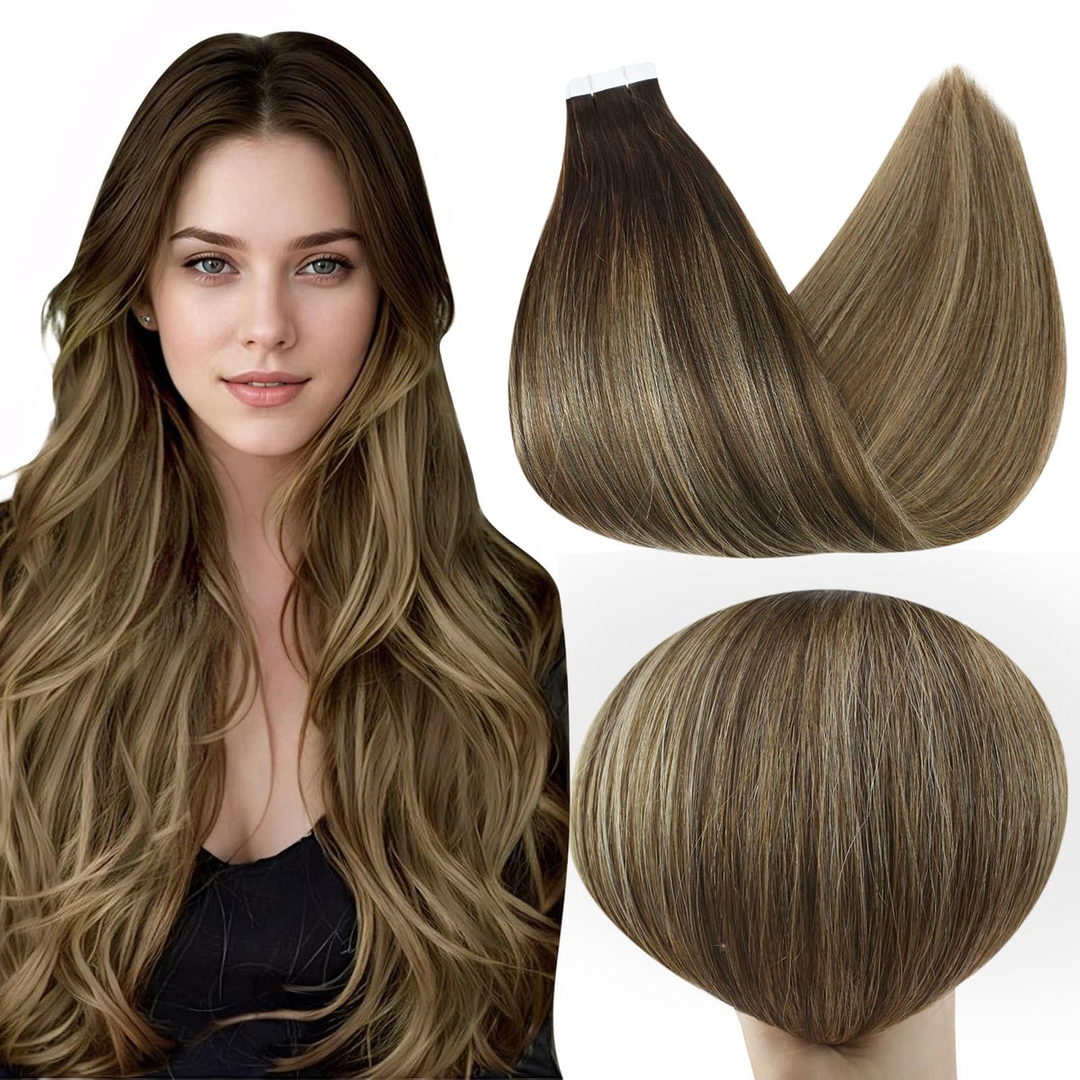 Full Shine Invisible Tape in Hair Extensions Color 2/3/27 Brown And Caramel Blonde Tape in Extensions 16 Inch 50Gram Seamless Sk