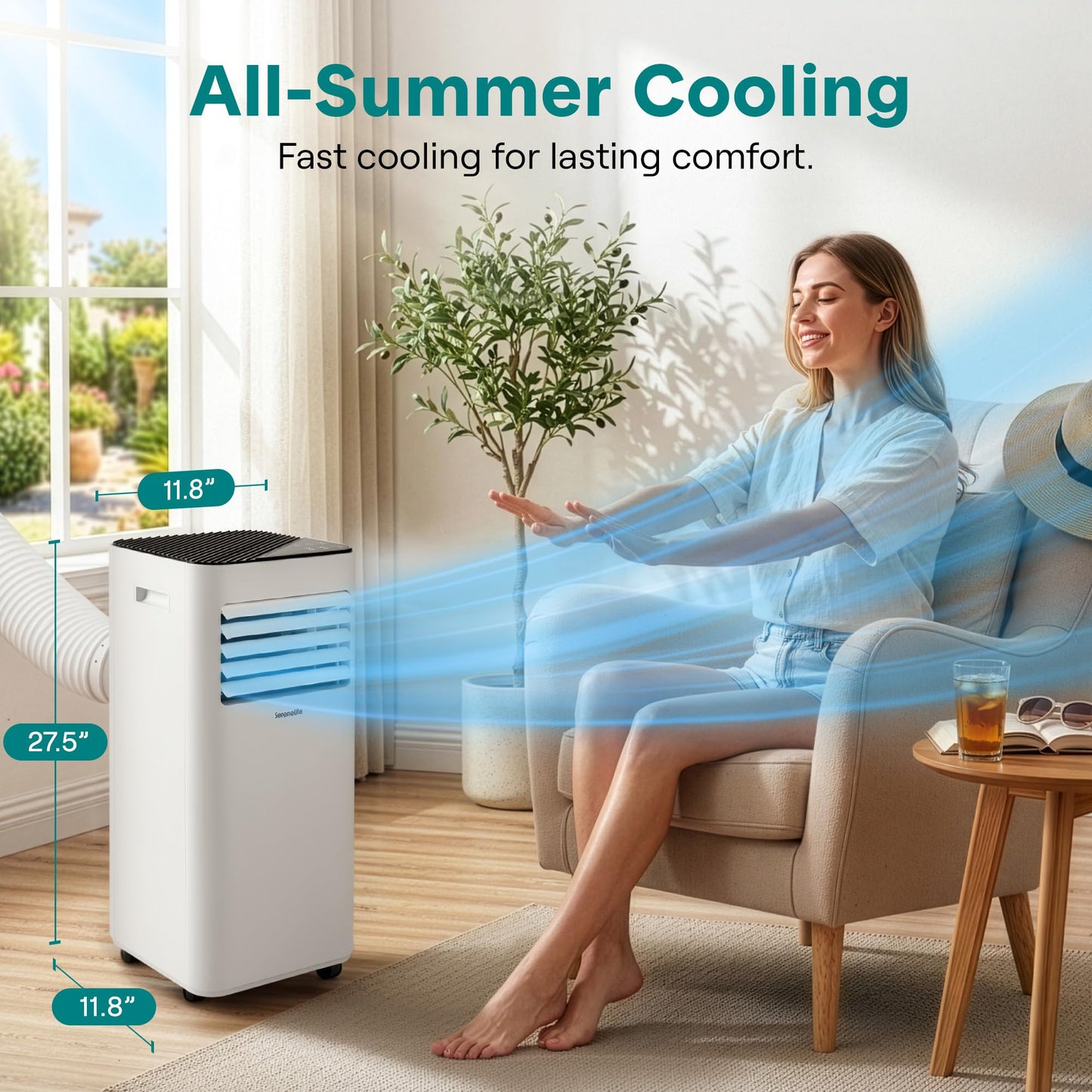 SereneLife Compact Portable AC Unit 8000 BTU | Standing Portable AC with 3-in-1 Cooling, Dehumidifier & Fan | Energy Efficient Air Conditioner with Upto 350 Sq Ft Coverage | Includes Remote Control