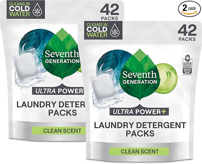 Seventh Generation Laundry Detergent Packs, Ultra Power+, Clean Scent, EPA Safer Choice Certified, 84 Loads (2 pouches, 42 Ct EA)