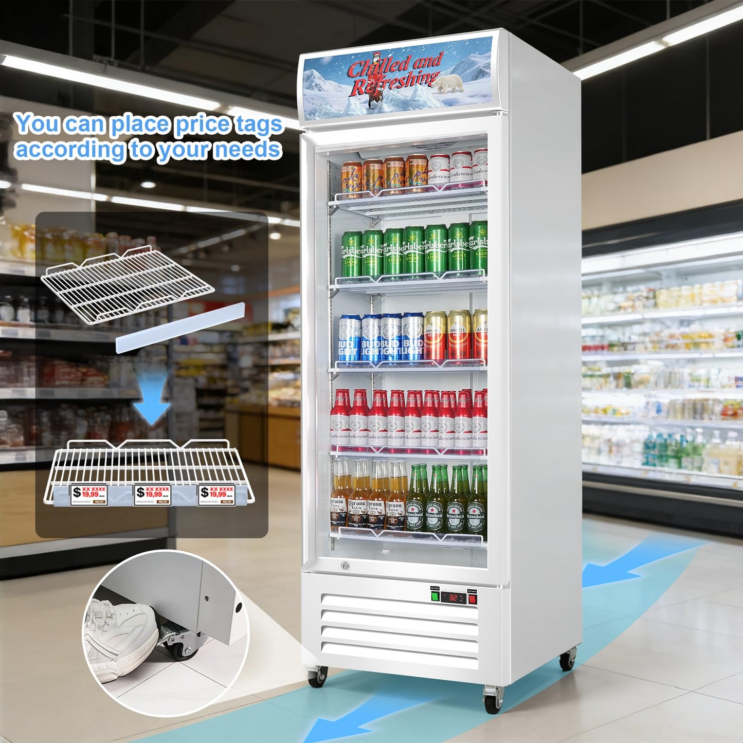 Velieta Commercial Beverage Refrigerator with Glass Door, 383L Display Fridge Beverage Cooler with Customizable Lightbox Adjustable Shelves, Drink Fridge Merchandiser for Restaurant Shop, White