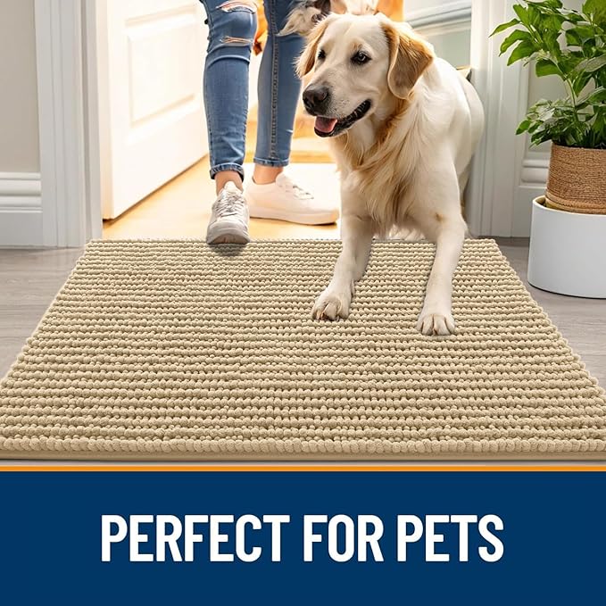 OLANLY Dog Door Mat for Muddy Paws 24x16, Ultra Absorbent Chenille Mud Doormat, Non-Slip Washable and Dirt Trapping Doormat for Indoor Entryway, Quick-Dry Indoor Pet Bed Mats for Dogs, Beige