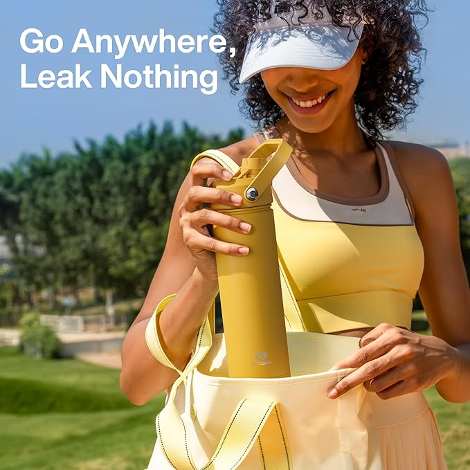 ENCOOL Insulated Water Bottle with Straw Stainless Steel Water Bottle, Leak-Proof, BPA-Free, Double Wall Vacuum Keeps Cold for 24 Hours for Sports, Travel, School (18 oz, Elfin Yellow)
