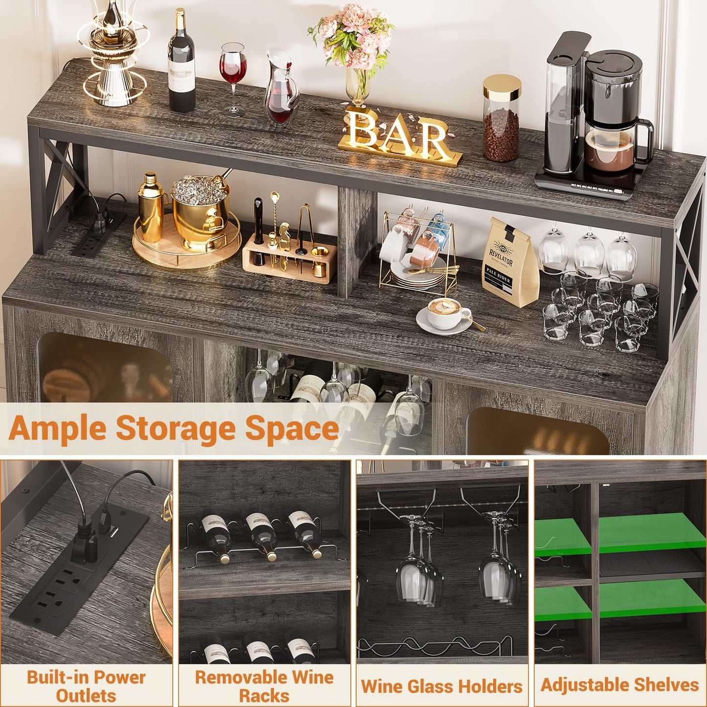 Aheaplus Bar Cabinet with Power Outlets, Liquor Cabinet with Led Lights and Glass Holder, Storage Buffet Cabinet Coffee Bar Cabinet for Liquor, Wine Cabinet with Racks for Home, Kitchen, Grey Oak