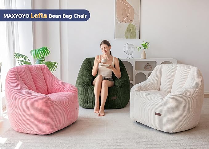 MAXYOYO Bean Bag Chair, Bean Bag Sofa with Filler, Cozy Living Room Chair for Adults and Kids, Stuffed Floor Sofa for Bedroom Dorm Reading, Pink