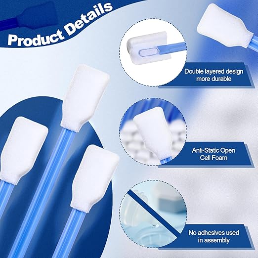 Dunzy 300 Pcs Foam Cleaning Swab Stick 5.12" Blue Square Rectangle Sponge Tip Swabs for Solvent Format Inkjet Printer Optical Equipment
