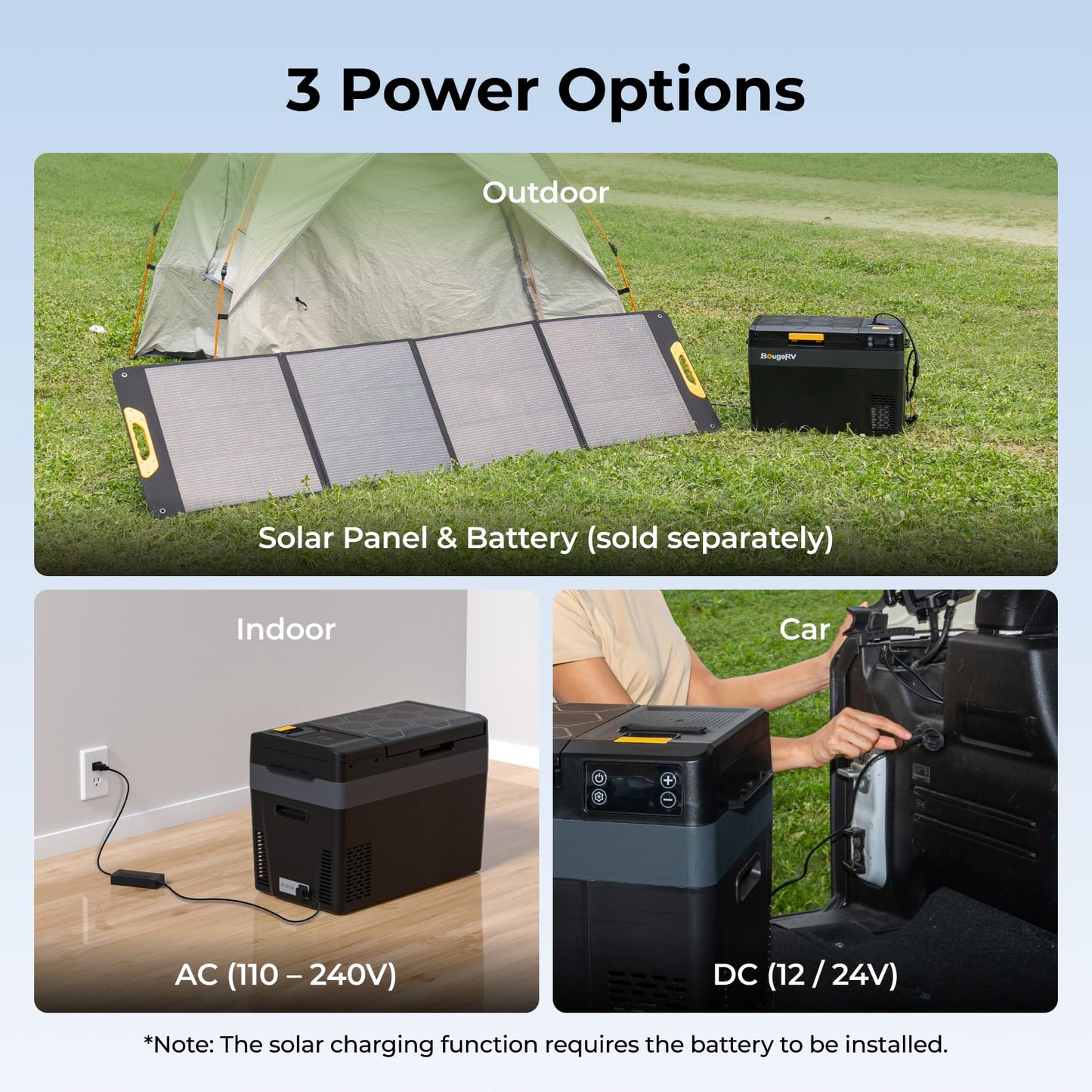 BougeRV 12 Volt Portable Refrigerator, CRX3 30 Quart Car Fridge with 240Wh Detachable Battery, -4℉~68℉ Compressor Electric Cooler with 12V/24 DC, 100-240 AC for Camping Overlanding Truck RV SUV Van