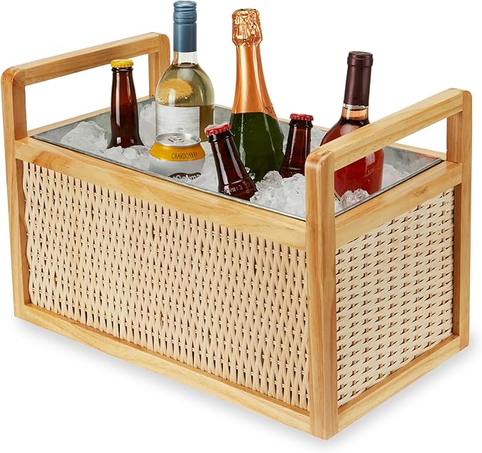 Twine Rattan and Wood Bottle Cooler Basket, Beverage Tubs for Parties, Beverage Chiller Ice Bucket for Drinks with Handle...