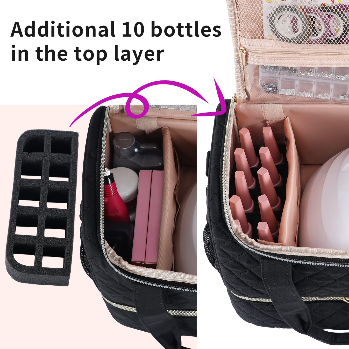 VOFIpremiAm Nail Polish Organizer Bag Fits 1 Nail Lamp and 40 Bottles,Pretty Nail Organizer with Side Pockets for Nail Polish Re