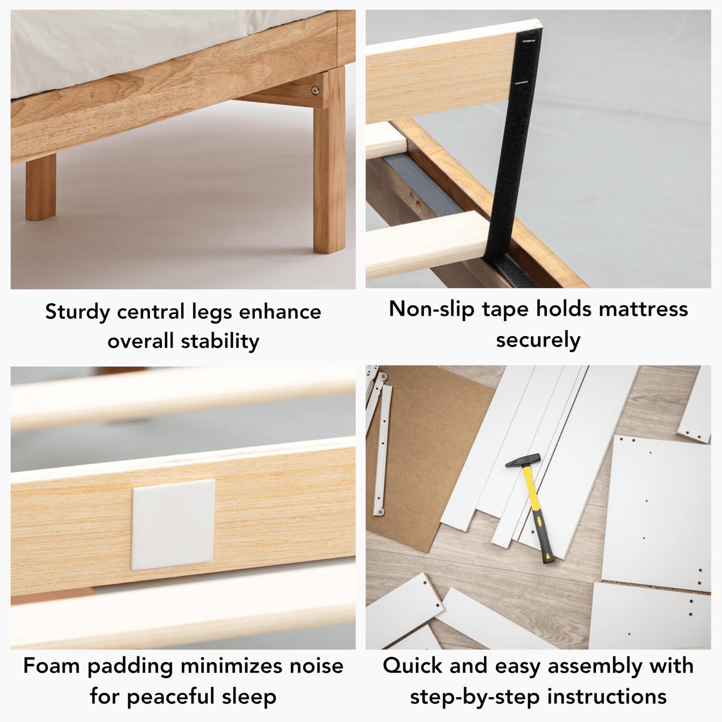 Twin Size Bed Frame, Solid Wood Platform Bed with Slats, Noise-Free and Non-Slip Design, Natural Wood with Blue Accent