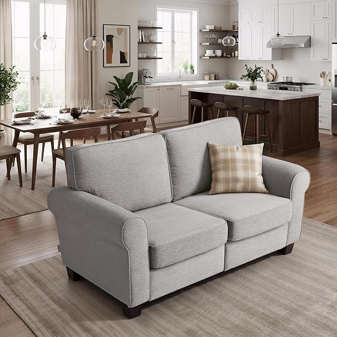 MCombo 67.7" Loveseat Sofa, 2-Seater Small Couch for Small Spaces, Classic Rolled Arm Upholstered Sofa with Solid Wood Legs for Living Room, Removable Cover, Chenille Fabric VE730 (Light Grey)