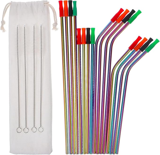 Alipis 16Pcs Stainless Steel Straws with Silicone Tips and Cleaning Brush Reusable Smoothie and Cocktail Drinking Straws with Portable Storage Bag Food-grade for Cold Hot Drinks