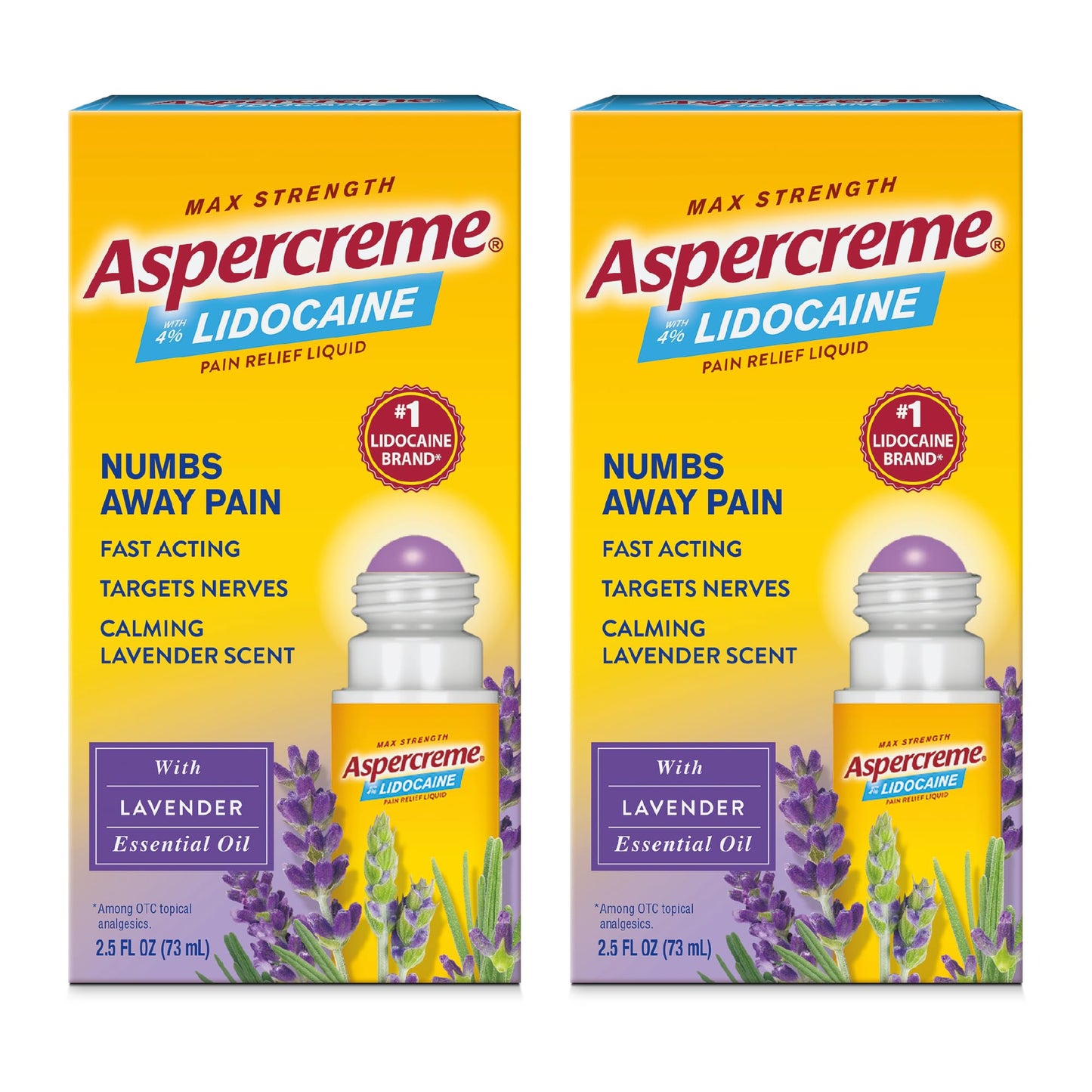 Aspercreme Essential Oils Lidocaine Pain Relief with No-Mess Roll-On Applicator, Max-Strength Lidocaine Numbs Away Nerve Pain, Moisturizing Aloe Hydrates Skin, Lavender, 2.5 Oz., 2pk