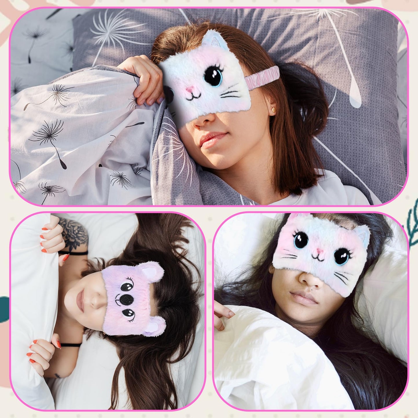 Kids Sleep Mask, 2 Pcs Cute Plush Cat Sleeping Mask for Women Soft Colorful Girls Sleep Masks Comfortable Funny Animal Sleeping Eye Cover for Women Home Travel Gift (Cat, Koala)