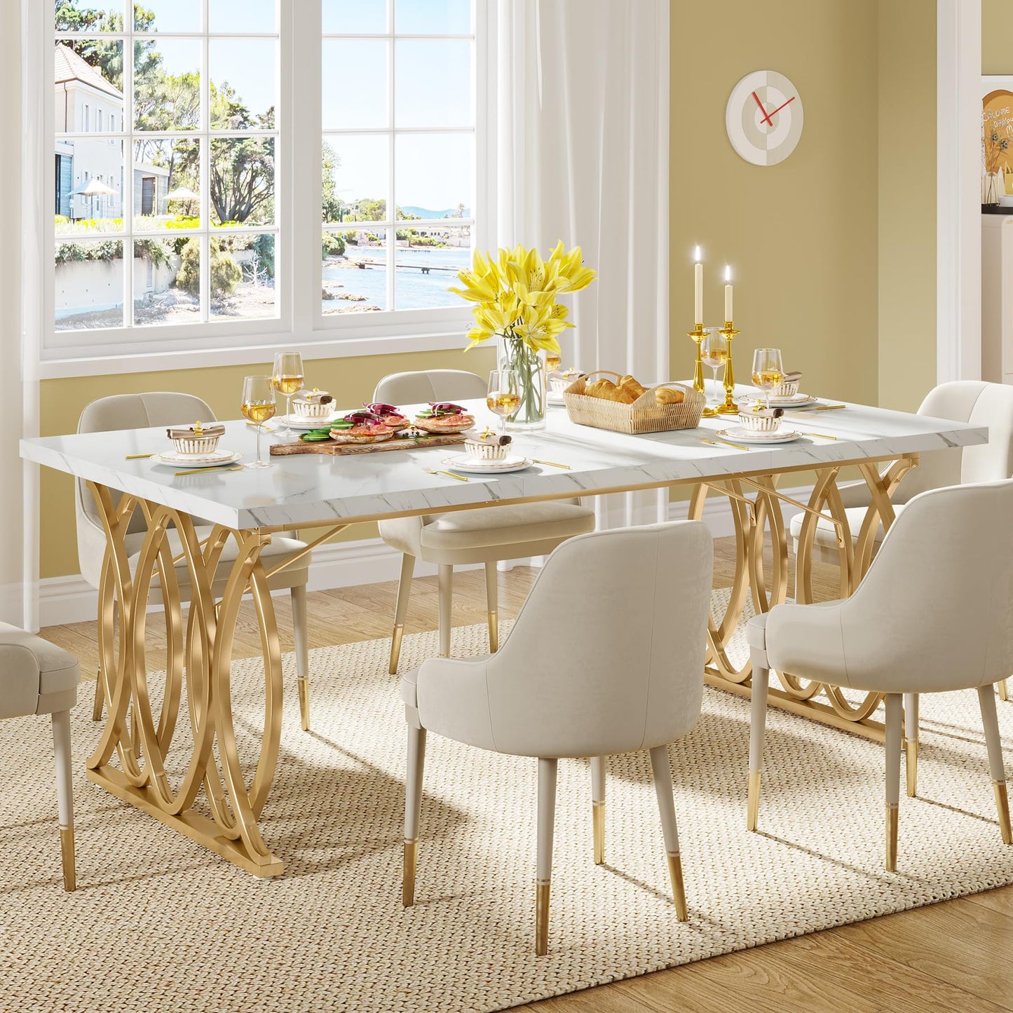 Tribesigns Modern Dining Table, 63" Large Kitchen Table for 4-6 People, Unique Rectangular Dinner Table Kitchen & Dining Room Furniture with Faux Marble Tabletop and Geometric Legs