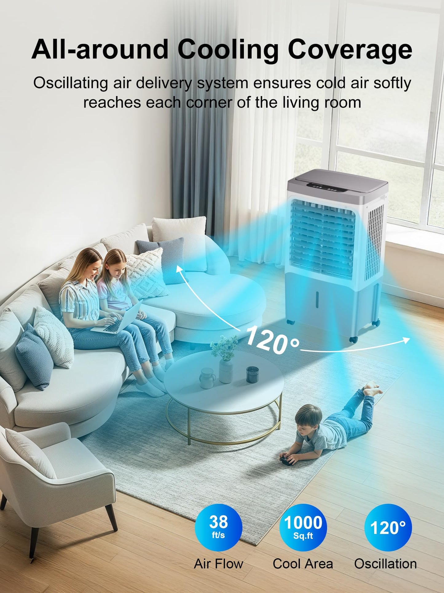 Uthfy Swamp Cooler, 2800 Cfm Evaporative Air Cooler With 7 Gal Water Tank, 4 Ice Packs, Remote, 12 H Timer, 120 Oscillation, Por