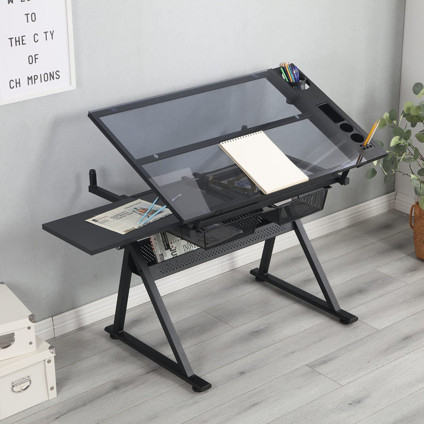Gecheer Professional Black Drafting Table with Adjustable Tempered Glass Tilting Top 75° Angle and Storage Drawers Chair Included