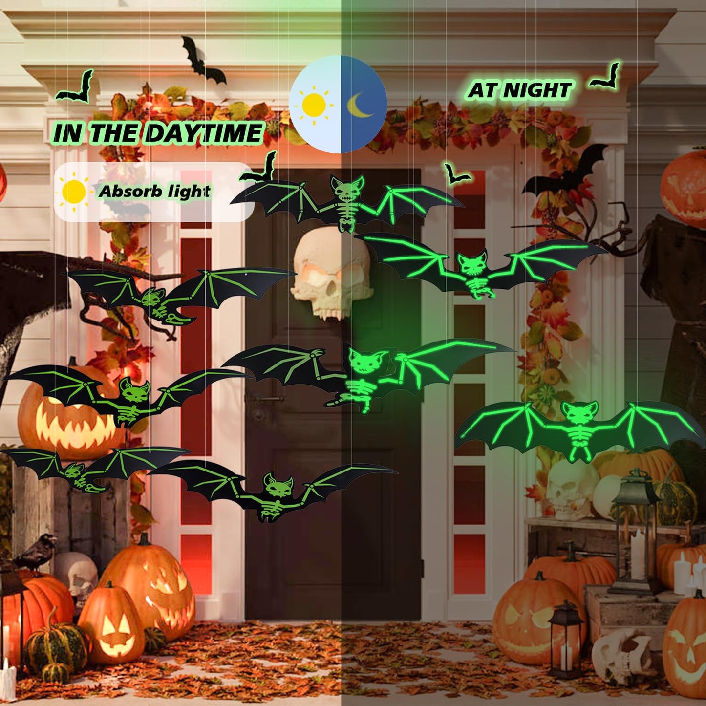 DIYASY 12 Pcs Hanging Bats Halloween Decor, Large Glow Bats Wall Decorations for Outside 3D Plastic Flying Bat Light up Bat House Decorative Decals for Home Outdoor Window
