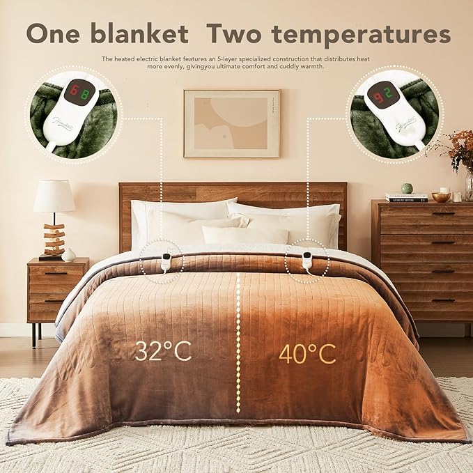 Homemate Electric Heated Blanket Twin - 62"x84" Heating Bed Blankets Throw with 10 Heating Levels 8 Hours Auto Off Fast Heating Over-Heated Protection Ultra Soft Warm Flannel ETL Certified Green