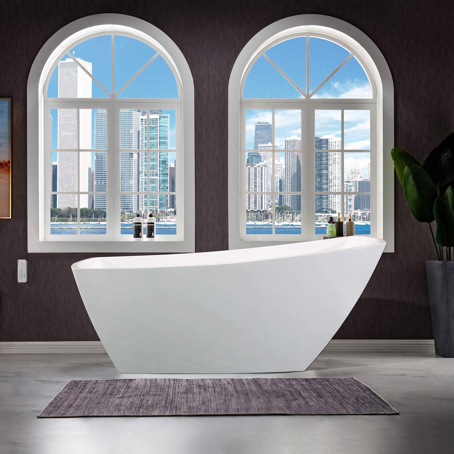 WOODBRIDGE 67" Acrylic Freestanding Bathtub Contemporary Soaking Tub with Brushed Gold Overflow and Drain,White