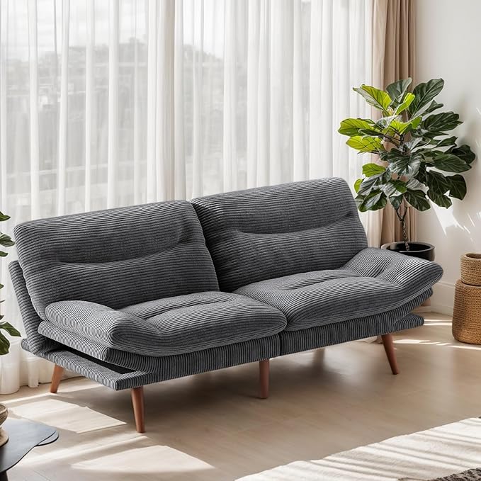 Marsail Futon Sofa Bed, 66.1” Futon Couch with Adjustable Backrest & Armrests, Convertible Small Sleeper Sofa Bed for Small Apartments, Study Room, Office, Corduroy Loveseat, Grey