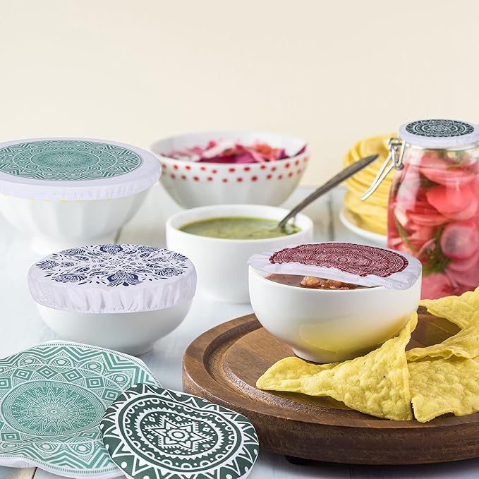 Patelai 10 Pcs Bowl Covers Reusable in 5 Size Stretch Cloth Fabric Elastic Food Storage Bowl Covers Bread Sourdough Lids for Proofing Food Fruits Leftover(Red, Green, Blue,Rustic Style)