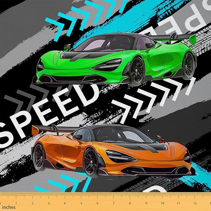 Green Qrange Racing Car Fabric by The Yard 1 Yard Kids Race car Decorative Waterproof Outdoor Fabric for Chairs Teens Spee...