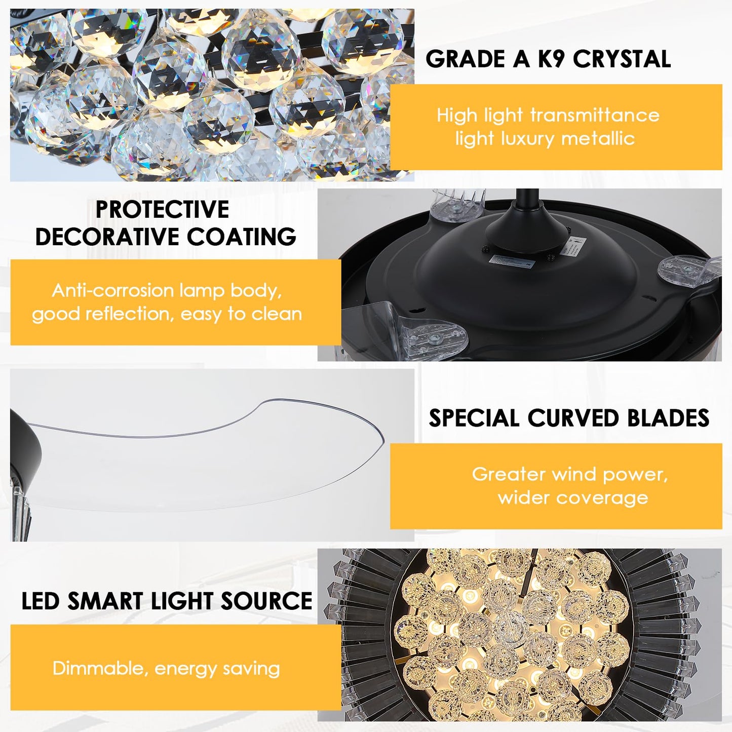 Asyko 48" Black Crystal Chandelier Ceiling Fans with Lights, Modern Retractable Blade Ceiling Fan Light with Remote and APP, Dimmable 3 Light Colors and Reversible Quiet DC Motor