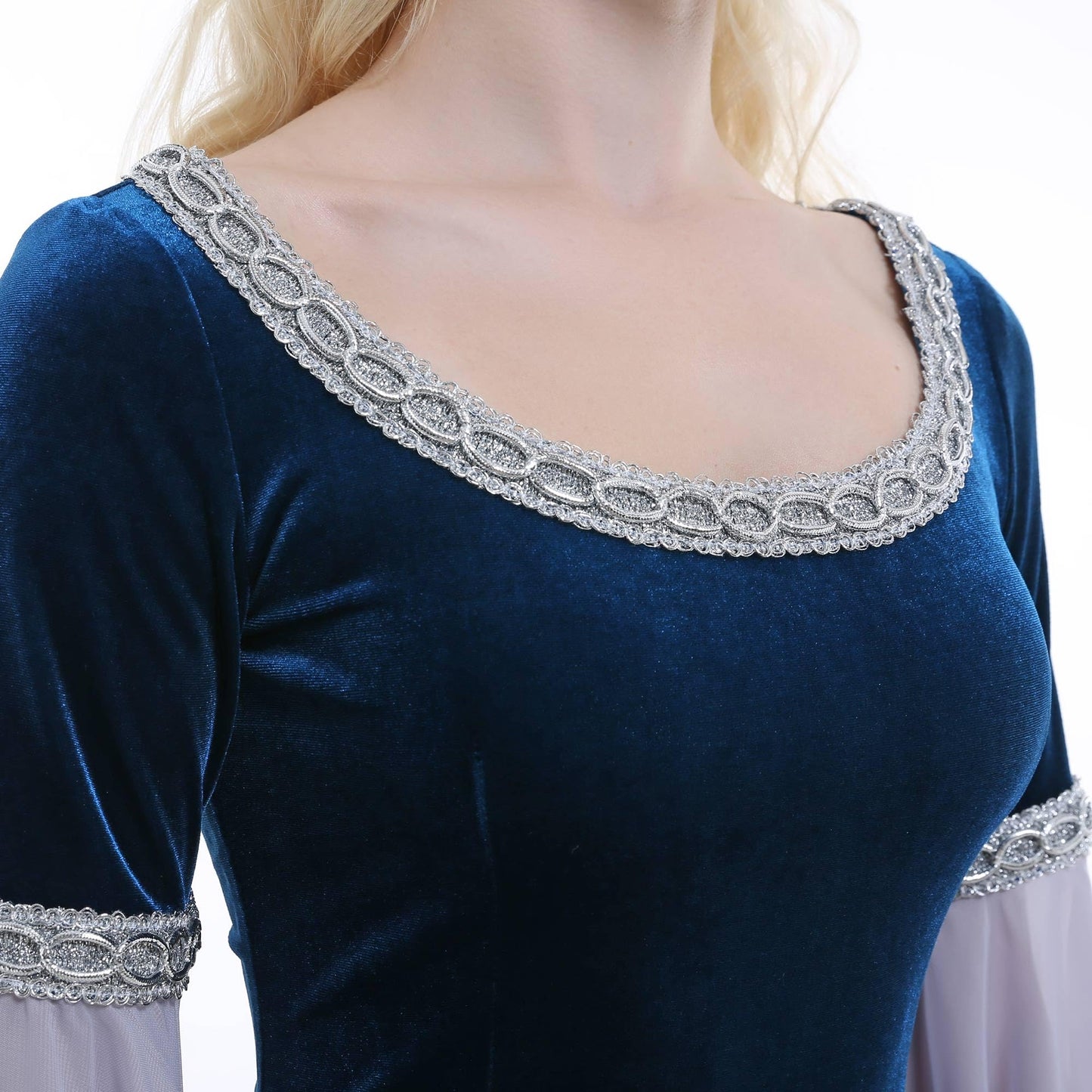 daizbella Medieval Renaissance Costume Dress Handmade Historical Rretro Dress Velvet Gown with Chiffon Sleeves Blue