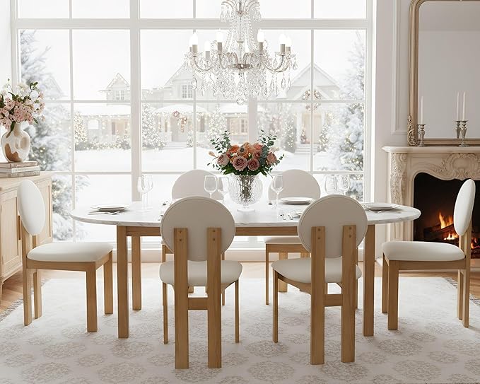 Wahson Modern Wood Dining Chairs Set of 6, Farmhouse Beige Linen Kitchen Chairs with Round Back and Wooden Legs, Mid-Century Armless Upholstered Accent Chairs for Dining Room/Living Room/Restaurant